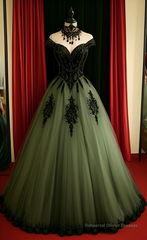 Green A-line Tulle Prom Dress Off The Shoulder Formal Evening Gown