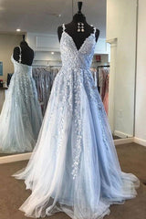 Fairy Light Blue Lace Appliques Tulle A-line Long Prom Dress