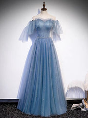 Glitter Fairytale Tulle Dusty Blue Prom Dress