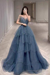 Gorgeous Blue Sparkly Tulle Beaded Prom Dress, Tiered Formal Gown with Rhinestone