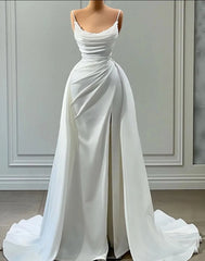 Beautiful White Long A-line Spaghetti Straps Wedding Dresses With Beads