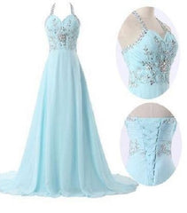 Halter Light Blue Prom Dress Long Chiffon Evening Dresses for Weddings