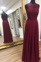 Halter Neck Chiffon Burgundy Lace Top Prom Dress