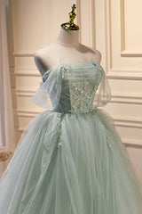 Elegant Green Strapless Evening Gown Off The Shoulder Tulle Prom Dresses