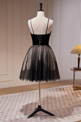 Black Spaghetti Straps Lace Tulle Short Homecoming Dresses