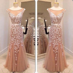 Dark Champagne Cap Sleeve Tulle Lace Prom Dress