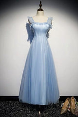 Light Blue Tulle Ankle Length Prom Dress