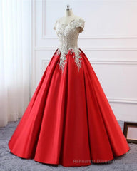 Modest Red Cap Sleeves Ball Gowns Lace Satin Prom Dresses Evening Dresses