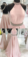 Dusty Pink Beaded Halter Neck Ball Gown Satin Backless Prom Dress