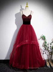 Wine Red Straps Beaded Sweetheart Tulle Formal Dress, Wine Red A-Line Prom Dress