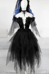 Off Shoulder Lace Applique Black Tulle Short Homecoming Graduation Dresses