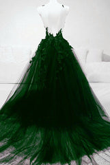 A line Green Tulle With Lace Deep Neckline Backless Prom Dress