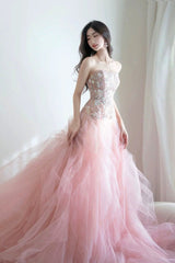 Pink Organza Strapless Pink Lace Floral Long Prom Dresses, Pink Lace Formal Evening Dresses, Pink Ball Gown