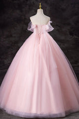 Pink Tulle Gorgeous Strapless Long Prom Dresses, Long Pink Formal Evening Dresses, Pink Ball Gown