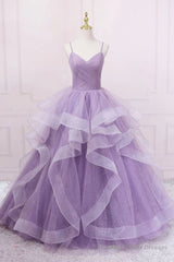 Princess Lavender Sparkly Spaghetti Straps Long Prom Dress Floor Length Evening Gown