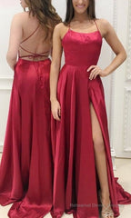 Casual Red Simple Spaghetti Straps Backless Sweep Train Backless Prom Dresses With Pockets