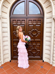 Halter Neck Pink Long Prom Dress Layered Senior Party Dress  2204