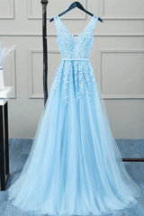 Romantic Tulle Lace V Back Sky Blue See Through Prom Dress Formal Dress