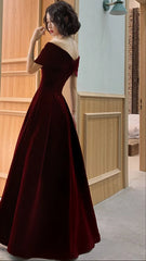 Spring Long Luxury Elegant Wine Red Soft Velvet Evening Party Wedding Dresses for Women Off Shoulder Maxi Dress