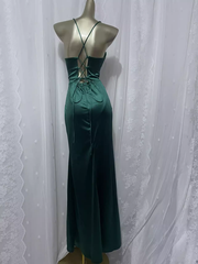 Vintage Sheath Spaghetti Straps Dark Green Vacation Dress Satin Birthday Dresses