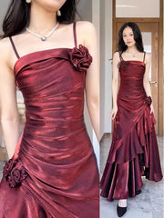 Mermaid Spaghetti Straps Prom Dresses Burgundy Party Dress