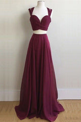 Elegant Two Piece Long Burgundy Chiffon Prom Dress Formal Evening Dress