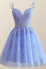 Straps Periwinkle Lace Appliques A-line Short Dress