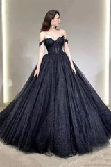 Black Prom Dresses Ball Gown Tulle Elegant Sleeveless Heart Shaped Neck Shiny Sequins