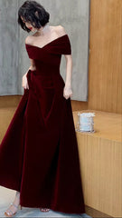 Spring Long Luxury Elegant Wine Red Soft Velvet Evening Party Wedding Dresses for Women Off Shoulder Maxi Dress