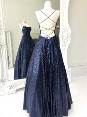 Shiny Backless Navy Blue Long Shiny Open Back Navy Blue Long Prom Dresses