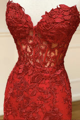 Strapless Sweetheart Neck Mermaid Red Lace Long Prom Dress, Mermaid Red Lace Formal Dress, Red Lace Evening Dress