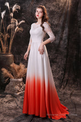 A Line 3/4 Sleeve Ombre Silk Like Satin Sweep Train Prom Dresses