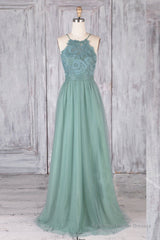 A Line Backless Lace Green Long Prom Dresses, Backless Green Lace Formal Graduation Evening Dresses