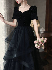 A-line Black Layers Short Sleeves Prom Dress, Black Velvet and Tulle Party Dress