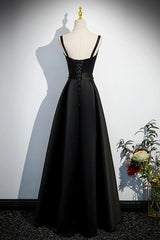 A-line Black Satin Straps Long Formal Dress, Black Simple Prom Dress