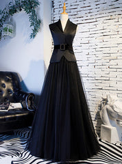 A-Line Black Tulle Satin V-neck Prom Dress With Sash