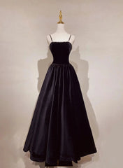 A-Line Black Velvet Floor-Length Prom Dress, Pearls Spaghetti Straps Long Party Dress