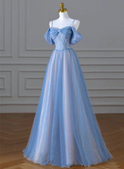 A-line Blue and Pink Beaded Tulle Long Party Dress, Blue Prom Dress