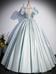 A-Line Blue Satin Long Prom Dress, Blue Long Formal Dress