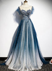 A-line Blue Tulle Long Beaded Prom Dress, A-Line Formal Evening Dress