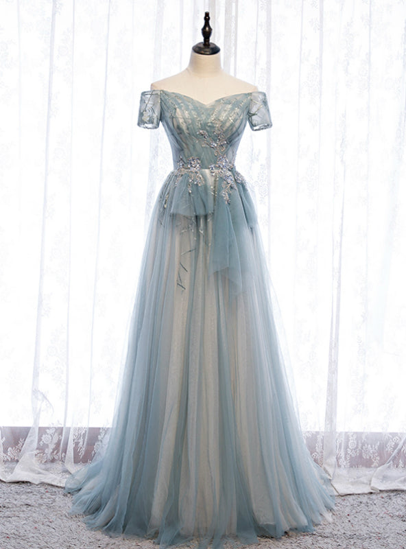 A-Line Blue Tulle Off the Shoulder Short Sleeve Prom Dress