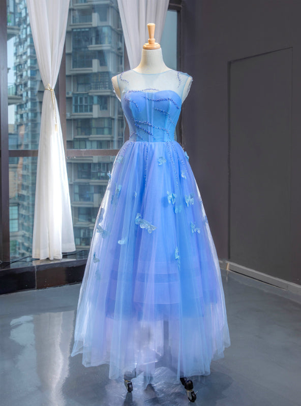 A-Line Blue Tulle Sleeveless Butterfly Backless Beading Prom Dress