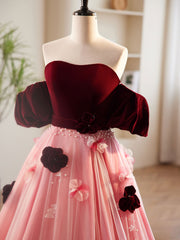 A-Line Burgundy/Pink Tulle Velvet Long Prom Dress, Burgundy Formal Dress