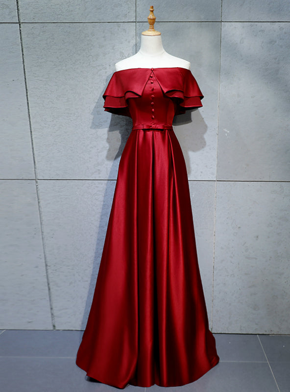 A-Line Burgundy Satin Off the Shoulder Prom Dress With Button