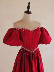 A-Line Burgundy Satin Puff Sleeves Long Prom Dress, Burgundy Formal Evening Dress