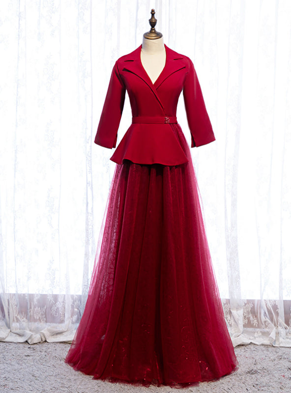 A-Line Burgundy Tulle 3/4 Sleeve V-neck Prom Dress