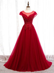 A-Line Burgundy Tulle Cap SLeeve Backless Prom Dress