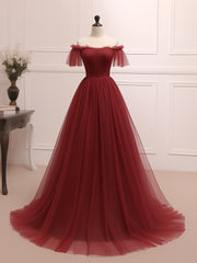 A-Line Burgundy Tulle Long Prom Dress, Burgundy Long Evening Dress