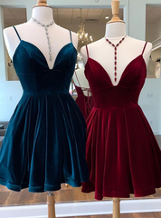 A-Line Burgundy Velvet Spaghetti Straps Backless Homecoming Dress