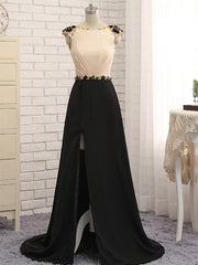 A-Line Champagne Black Cap Sleeve Backless Long Prom Dress